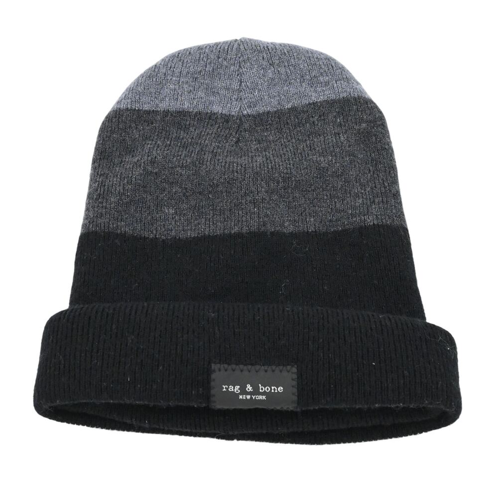 Rag & Bone Addison Striped Gray Black Knit Wool Blend Beanie